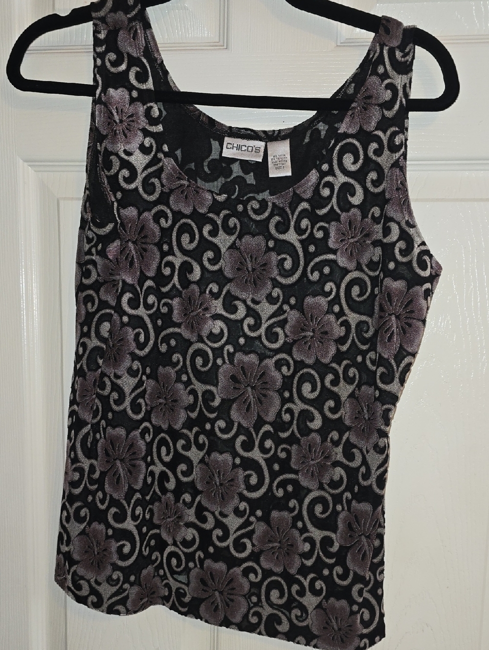 Chico's Black and Mauve Floral Burnout Tank